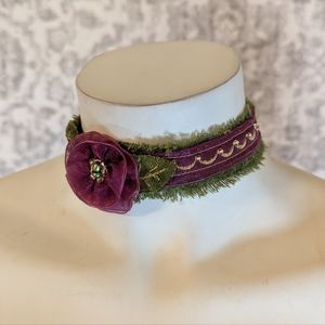 Handmade Jewel Tone Rosette Plum and Olive Green Chiffon & Velvet Floral Choker